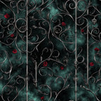 forest green, teal, dark green, silver, metallic, ornate, scrollwork, floral, roses, red roses, baroque, victorian, elegant, gothic, romantic, vintage, ornamental, damask, dark academia, moody, luxe, sophisticated, aristocratic, dramatic, evening wear, upholstery, home decor, statement fabric, dramatic floral, classic elegance