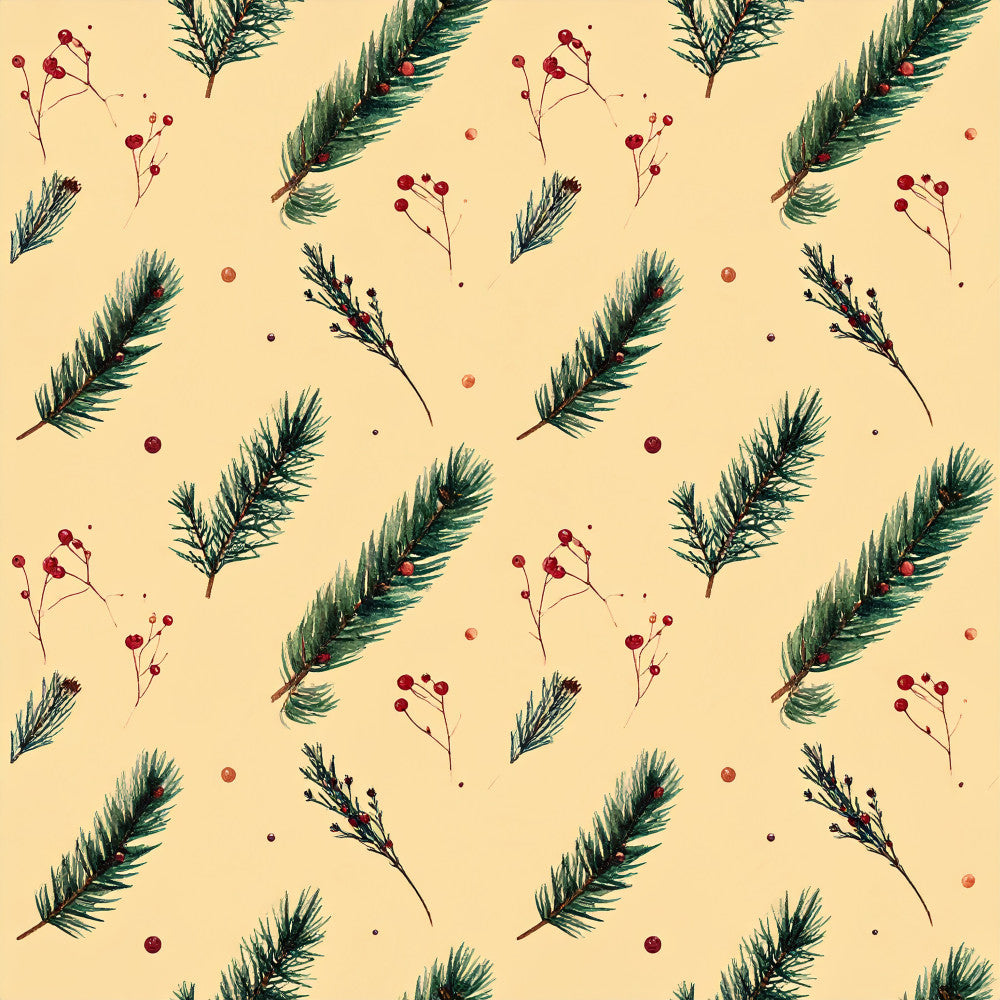 cream background, forest green, deep red, burgundy, botanical, nature, holiday, christmas, winter, evergreen branches, berries, pinecones, festive, rustic, elegant, traditional, whimsical, natural elements, seasonal, autumn, winter berries, decorative branches, timeless, cozy, warm tones, scattered pattern, organic, vintage botanical, nature-inspired, festive decor