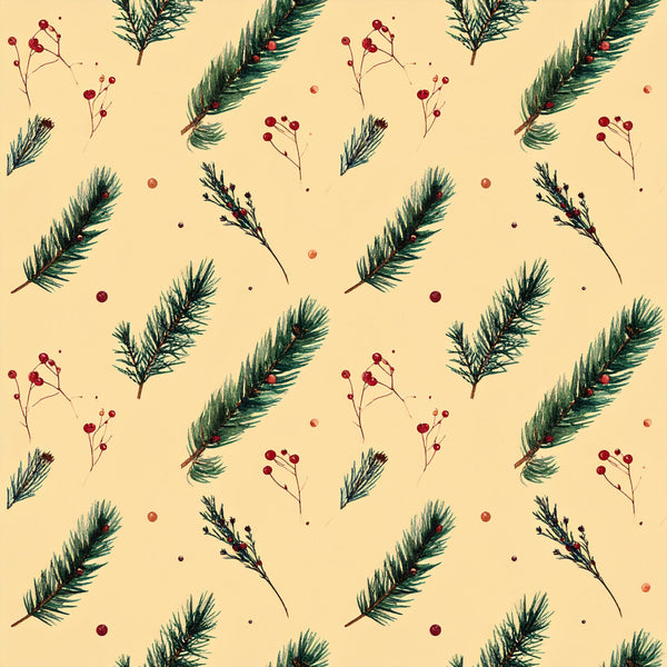 cream background, forest green, deep red, burgundy, botanical, nature, holiday, christmas, winter, evergreen branches, berries, pinecones, festive, rustic, elegant, traditional, whimsical, natural elements, seasonal, autumn, winter berries, decorative branches, timeless, cozy, warm tones, scattered pattern, organic, vintage botanical, nature-inspired, festive decor