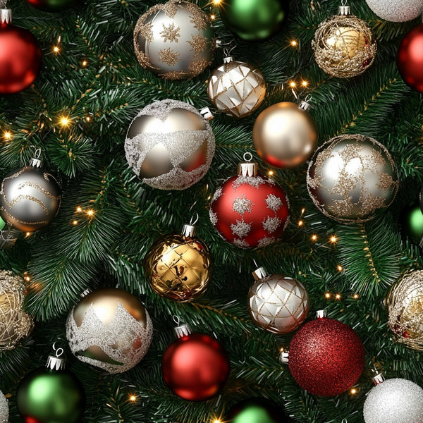 christmas ornaments, red baubles, gold ornaments, silver decorations, green pine needles, evergreen branches, metallic finish, glittery texture, holiday pattern, festive design, realistic style,, fabric panel, christmas tree, warm lighting, sparkly effects, seasonal motifs, winter theme, decorative balls, pine boughs