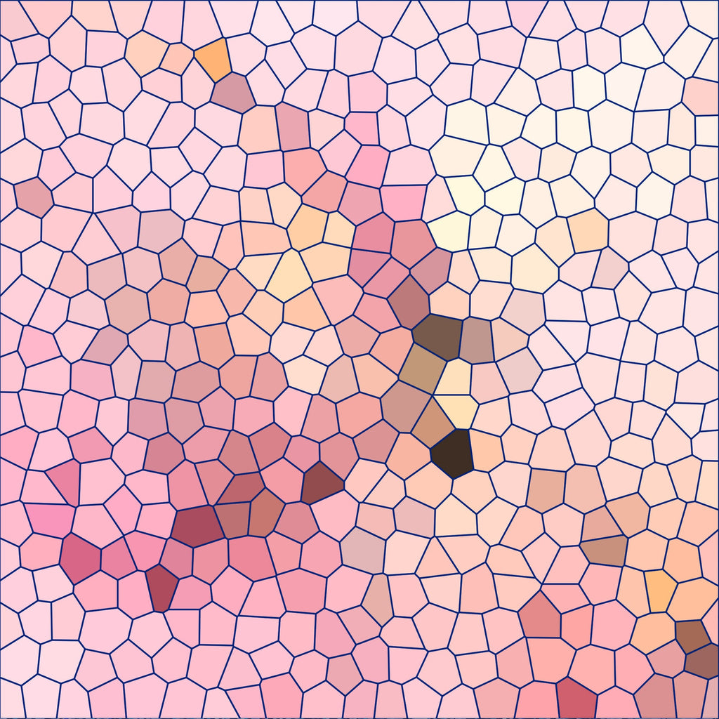 pink, peach, coral, cream, brown, orange, mosaic pattern, stained glass, geometric shapes, irregular polygons, honeycomb cells, abstract design,, fabric panel, soft pastels, warm tones, contemporary art, tessellation, patchwork style, crafting material