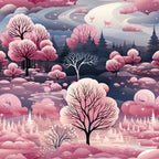 pink, lavender, purple, blush, winter landscape, bare trees, evergreen trees, deer silhouettes, snow covered ground, whimsical clouds, birds flying, dreamy atmosphere, soft pastels,, fabric panel, winter wonderland, fantasy scenery, layered hills, artistic illustration, christmas theme