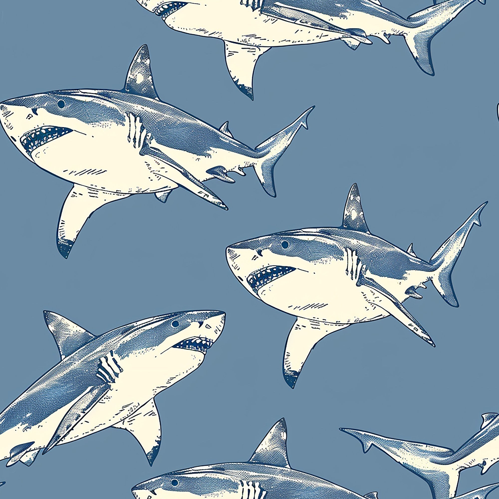 sharks, marine life, ocean animals, blue gray background, cream white, navy blue, vintage illustration style, sketched sharks, repeating pattern,, fabric panel, sea creatures, nautical theme, swimming sharks, hand drawn style, aquatic design, circling motion, oceanic, marine pattern