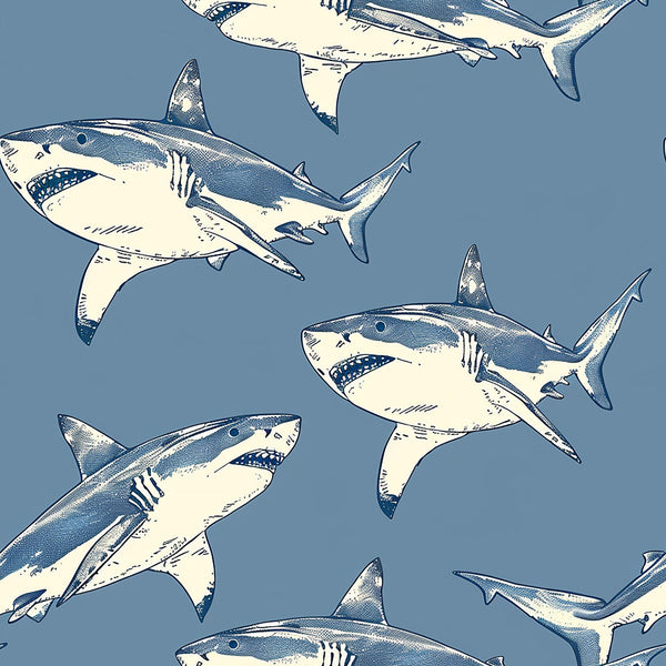 sharks, marine life, ocean animals, blue gray background, cream white, navy blue, vintage illustration style, sketched sharks, repeating pattern,, fabric panel, sea creatures, nautical theme, swimming sharks, hand drawn style, aquatic design, circling motion, oceanic, marine pattern