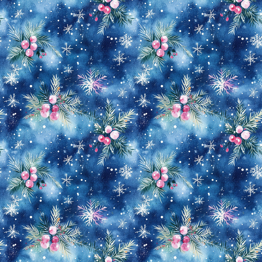 watercolor, blue, navy, pink, christmas, winter, snowflakes, evergreen branches, berries, holly, pine needles, festive, seasonal,, fabric panel, repeating pattern, botanical, holiday decor, snowy, whimsical, soft textures