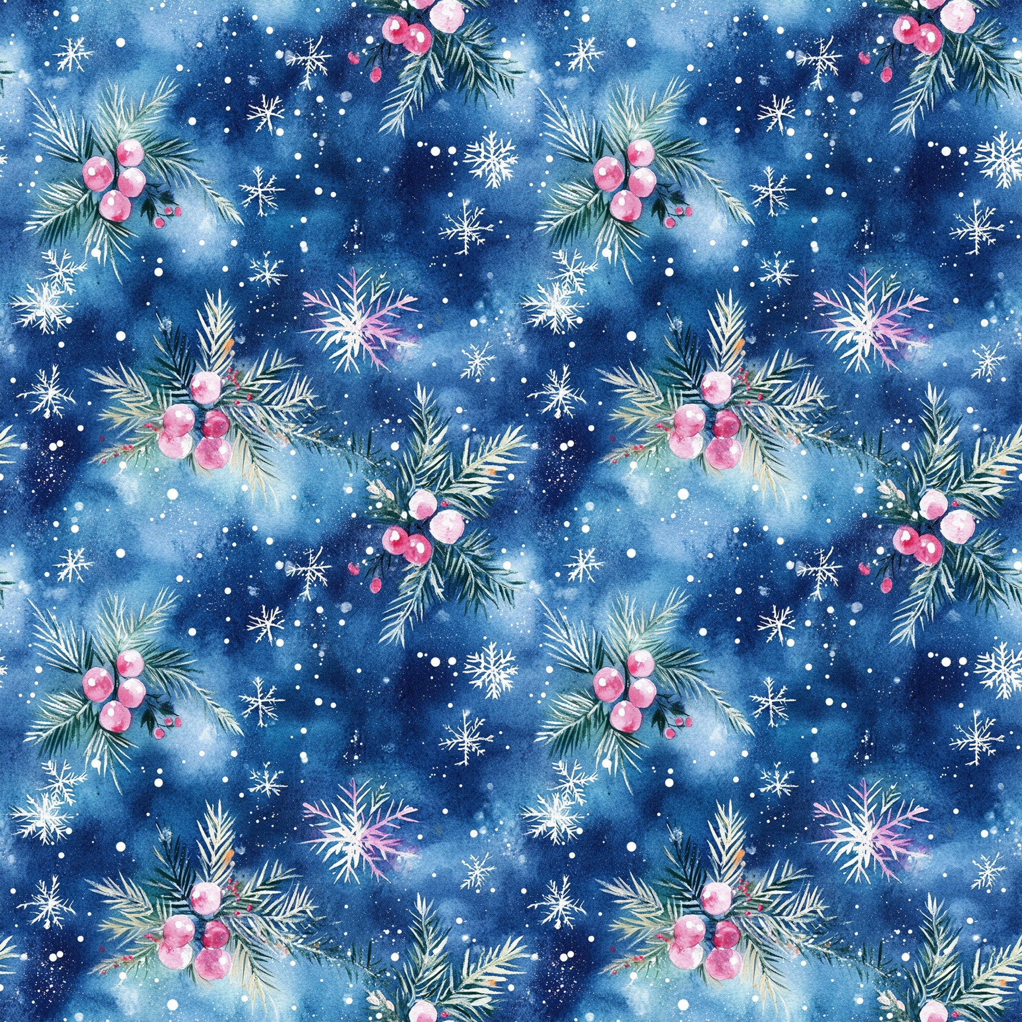 watercolor, blue, navy, pink, christmas, winter, snowflakes, evergreen branches, berries, holly, pine needles, festive, seasonal,, fabric panel, repeating pattern, botanical, holiday decor, snowy, whimsical, soft textures