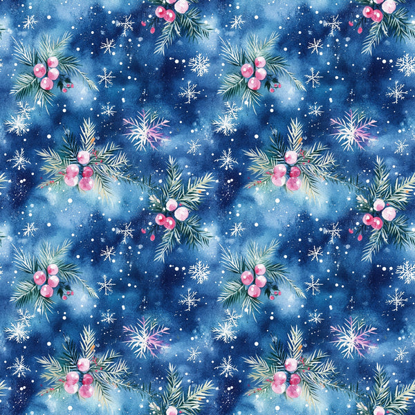 watercolor, blue, navy, pink, christmas, winter, snowflakes, evergreen branches, berries, holly, pine needles, festive, seasonal,, fabric panel, repeating pattern, botanical, holiday decor, snowy, whimsical, soft textures