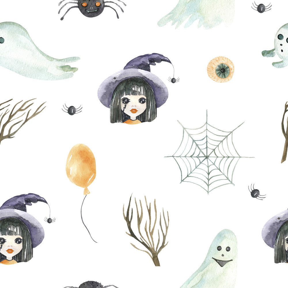 halloween, witch hat, ghost, spiders, spider web, purple, pale green, cream, orange, gold, whimsical, spooky, cute halloween, creepy cute, autumn, fall, witchy, haunted, mystical, kids halloween, children's halloween, playroom, dark whimsical, watercolor, hand-drawn, eerie, festive, supernatural, witch theme