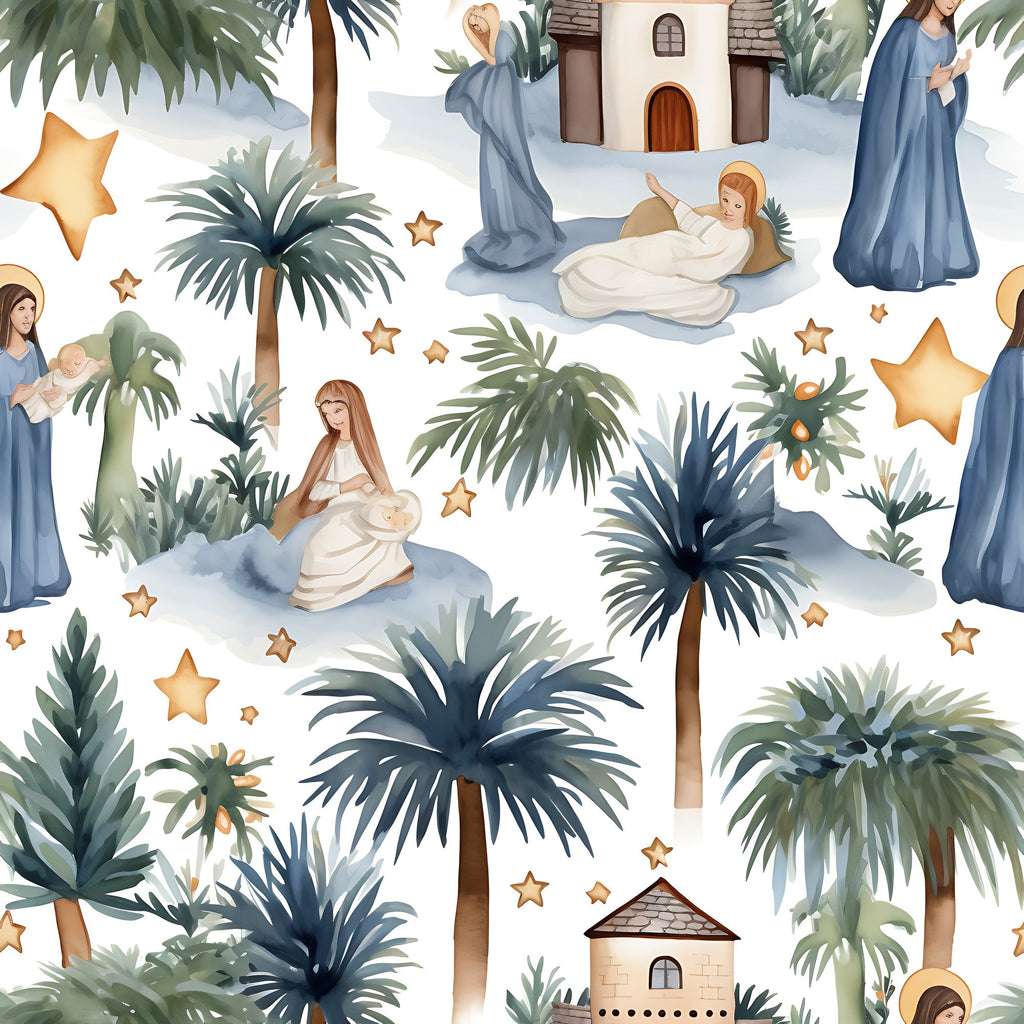 watercolor nativity, christmas scene, religious pattern, mary joseph baby jesus, palm trees, bethlehem stable, golden stars, blue robes, white garments, soft pastels,, fabric panel, holiday motifs, biblical characters, muted blues, warm beiges, peaceful atmosphere, scattered stars, nativity figures, cotton fabric