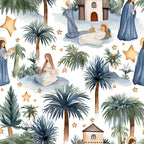 watercolor nativity, christmas scene, religious pattern, mary joseph baby jesus, palm trees, bethlehem stable, golden stars, blue robes, white garments, soft pastels,, fabric panel, holiday motifs, biblical characters, muted blues, warm beiges, peaceful atmosphere, scattered stars, nativity figures, cotton fabric