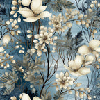cream flowers, white blooms, dusty blue background, slate blue, soft blue, floral pattern, botanical design, elegant florals, delicate flowers, nature theme, vintage style, traditional design, romantic florals, spring flowers, summer garden, timeless design, classic floral, detailed foliage, branch and bloom, garden inspired, sophisticated florals, neutral palette, calming design, peaceful florals, cottage core, refined elegance, artistic botanical, multi-floral composition, layered florals