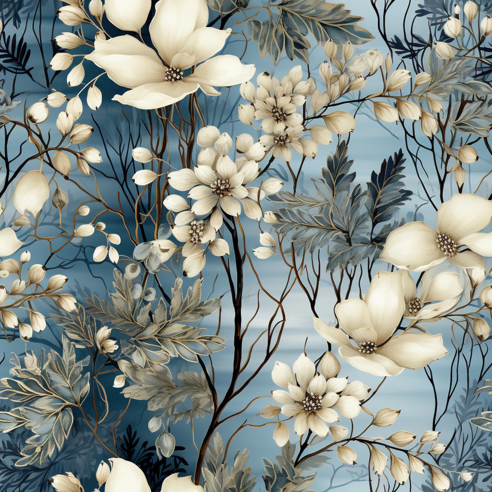 cream flowers, white blooms, dusty blue background, slate blue, soft blue, floral pattern, botanical design, elegant florals, delicate flowers, nature theme, vintage style, traditional design, romantic florals, spring flowers, summer garden, timeless design, classic floral, detailed foliage, branch and bloom, garden inspired, sophisticated florals, neutral palette, calming design, peaceful florals, cottage core, refined elegance, artistic botanical, multi-floral composition, layered florals