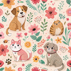 peach background, pink flowers, orange blooms, brown dog, tabby cat, gray puppy, floral pattern, cute animals, pets, botanical elements, green leaves, coral petals, yellow flowers,, fabric panel, whimsical illustration, kawaii style, cheerful mood, spring theme, animal lovers