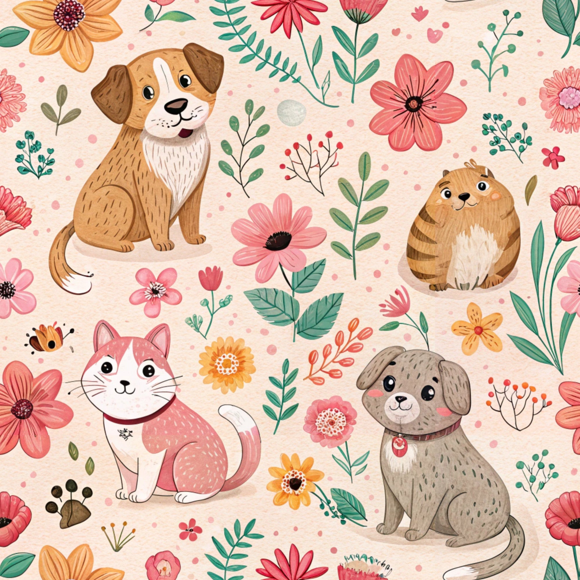 peach background, pink flowers, orange blooms, brown dog, tabby cat, gray puppy, floral pattern, cute animals, pets, botanical elements, green leaves, coral petals, yellow flowers,, fabric panel, whimsical illustration, kawaii style, cheerful mood, spring theme, animal lovers