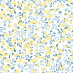 lemon yellow, dusty blue, sage green, soft white, floral pattern, botanical design, delicate flowers, leafy branches, shabby chic, vintage style,, fabric panel, romantic mood, cottage core, pastel colors, scattered blooms, whimsical design, ditsy print, eucalyptus leaves
