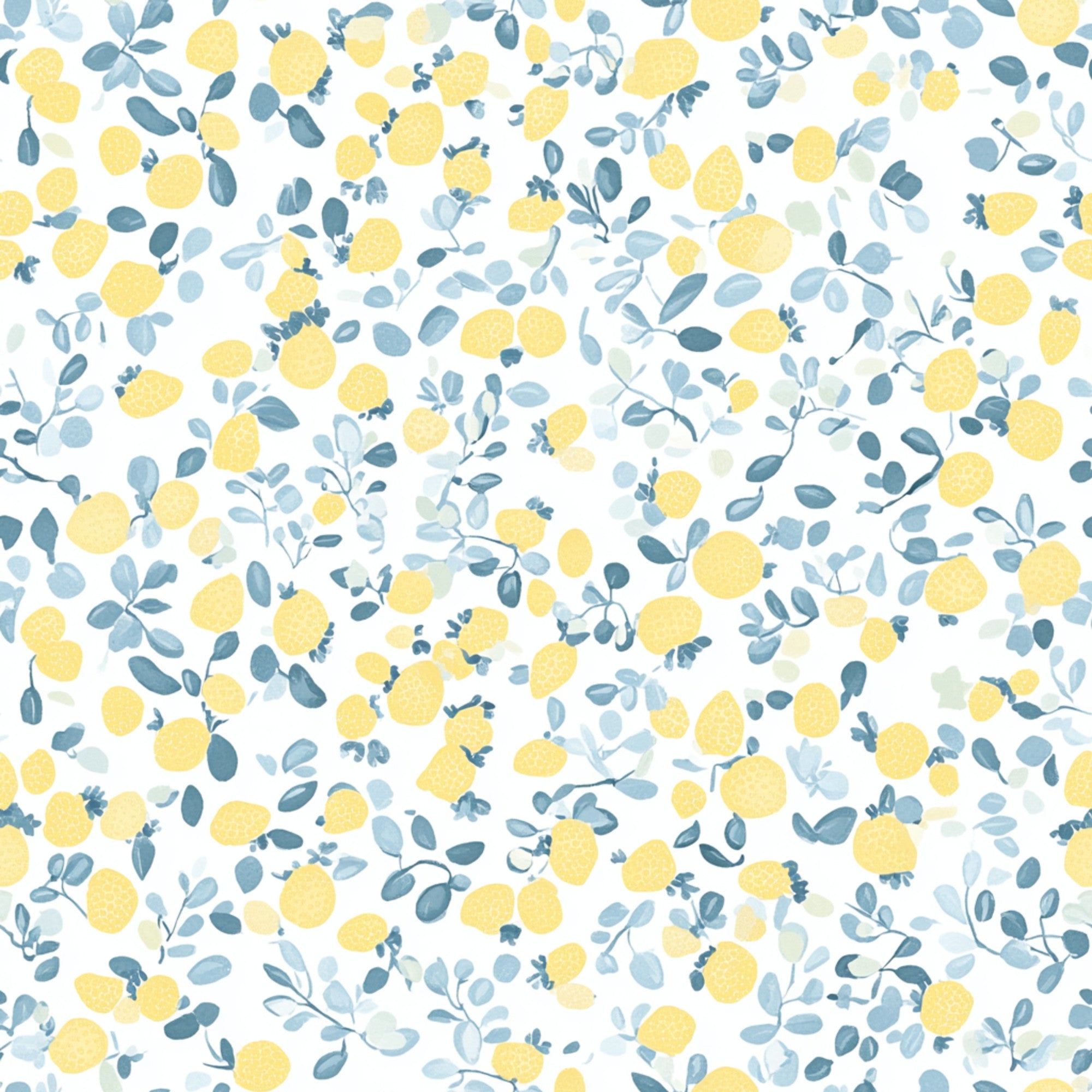 lemon yellow, dusty blue, sage green, soft white, floral pattern, botanical design, delicate flowers, leafy branches, shabby chic, vintage style,, fabric panel, romantic mood, cottage core, pastel colors, scattered blooms, whimsical design, ditsy print, eucalyptus leaves