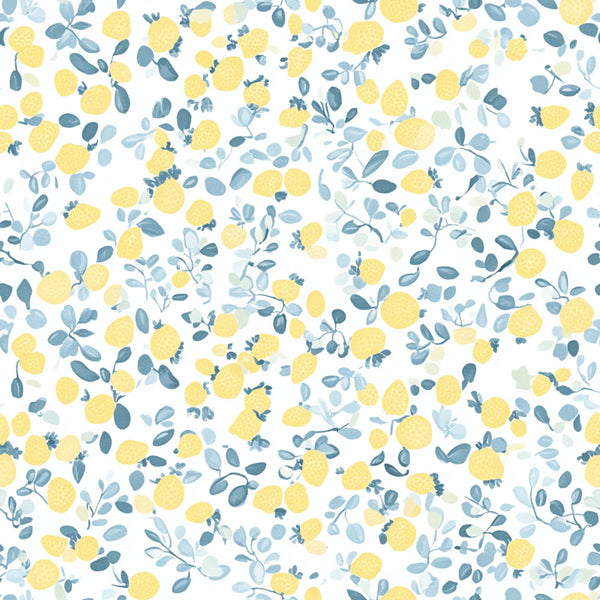 lemon yellow, dusty blue, sage green, soft white, floral pattern, botanical design, delicate flowers, leafy branches, shabby chic, vintage style,, fabric panel, romantic mood, cottage core, pastel colors, scattered blooms, whimsical design, ditsy print, eucalyptus leaves