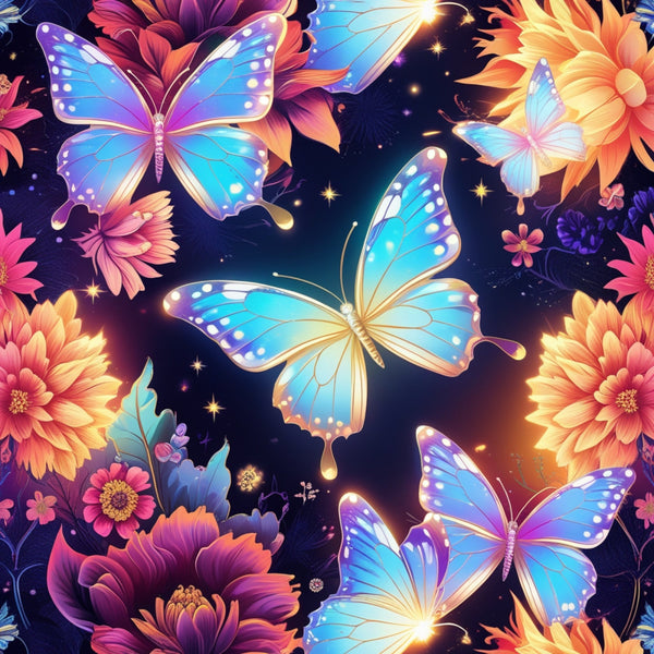 butterflies, floral, purple, blue, orange, pink, fantasy, magical, luminous, starry background, cosmic, iridescent wings, tropical flowers, dahlias,, fabric panel, whimsical, enchanted, glowing effects, celestial