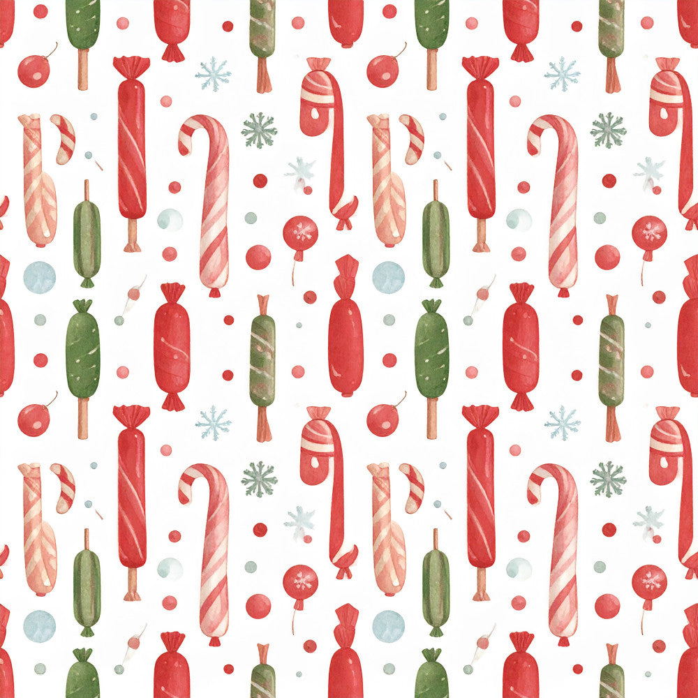 christmas, holiday, red, green, candy cane, peppermint, festive, winter, seasonal, whimsical, playful, cheerful, candy, sweets, striped, wrapped candies, lollipops, sausage, food, cute, children, kids, nursery, playroom, nostalgic, vintage, traditional, snowflakes, red and green