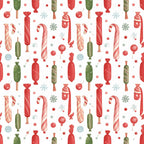 christmas, holiday, red, green, candy cane, peppermint, festive, winter, seasonal, whimsical, playful, cheerful, candy, sweets, striped, wrapped candies, lollipops, sausage, food, cute, children, kids, nursery, playroom, nostalgic, vintage, traditional, snowflakes, red and green