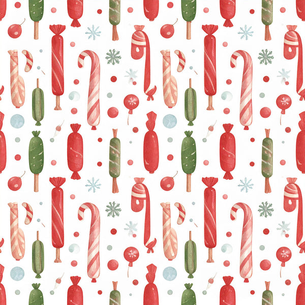 christmas, holiday, red, green, candy cane, peppermint, festive, winter, seasonal, whimsical, playful, cheerful, candy, sweets, striped, wrapped candies, lollipops, sausage, food, cute, children, kids, nursery, playroom, nostalgic, vintage, traditional, snowflakes, red and green