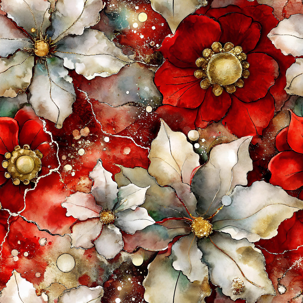 crimson red, cream white, gold accents, burgundy, deep red, ivory, watercolor floral, alcohol ink, abstract flowers, botanical, nature-inspired, elegant, luxurious, modern artistic, romantic, sophisticated, poppy flowers, decorative florals, metallic gold details, pearl embellishments, sparkle accents, festive, holiday, wedding, celebration, artistic, hand-painted effect, jewel tones, rich colors