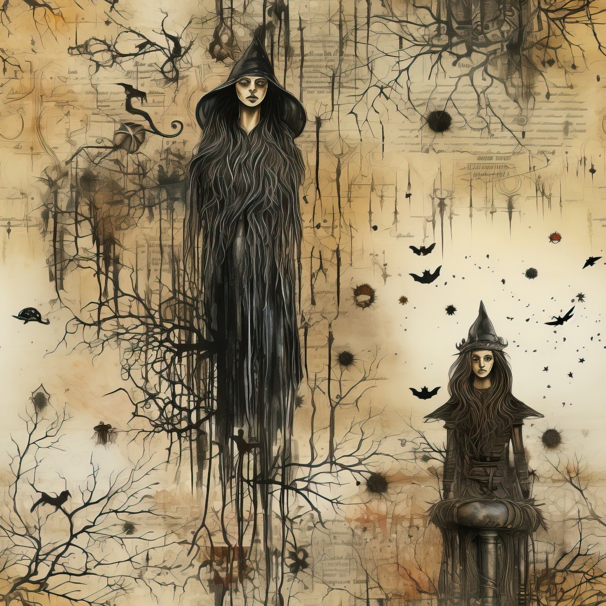 sepia, beige, cream, black, witches, pointed hats, long flowing hair, bare branches, ravens, bats, cauldron, gothic art, vintage illustration, halloween, spooky atmosphere,, fabric panel, mystical, occult imagery, autumn theme