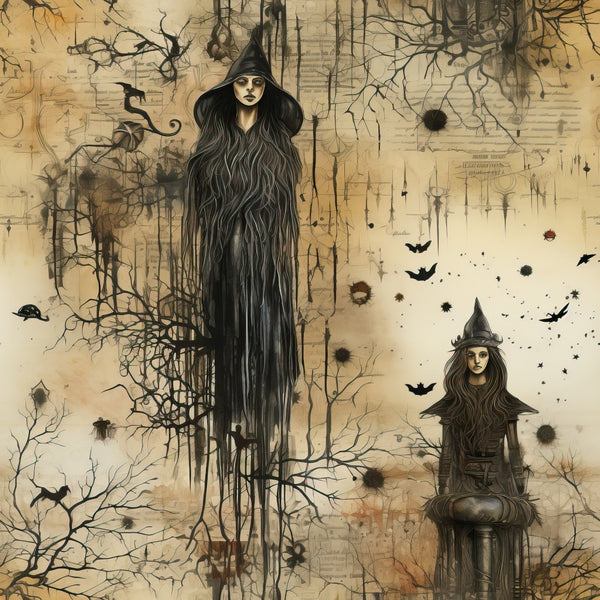sepia, beige, cream, black, witches, pointed hats, long flowing hair, bare branches, ravens, bats, cauldron, gothic art, vintage illustration, halloween, spooky atmosphere,, fabric panel, mystical, occult imagery, autumn theme