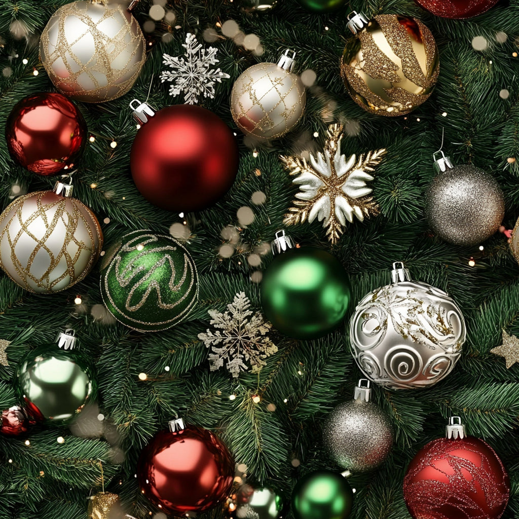 christmas ornaments,, fabric panel, red baubles, gold ornaments, green decorations, silver baubles, snowflakes, evergreen branches, metallic accents, holiday pattern, festive design, realistic style, christmas tree decorations, seasonal fabric, winter theme, ornament collection, holiday crafting, christmas quilting