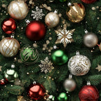 christmas ornaments,, fabric panel, red baubles, gold ornaments, green decorations, silver baubles, snowflakes, evergreen branches, metallic accents, holiday pattern, festive design, realistic style, christmas tree decorations, seasonal fabric, winter theme, ornament collection, holiday crafting, christmas quilting