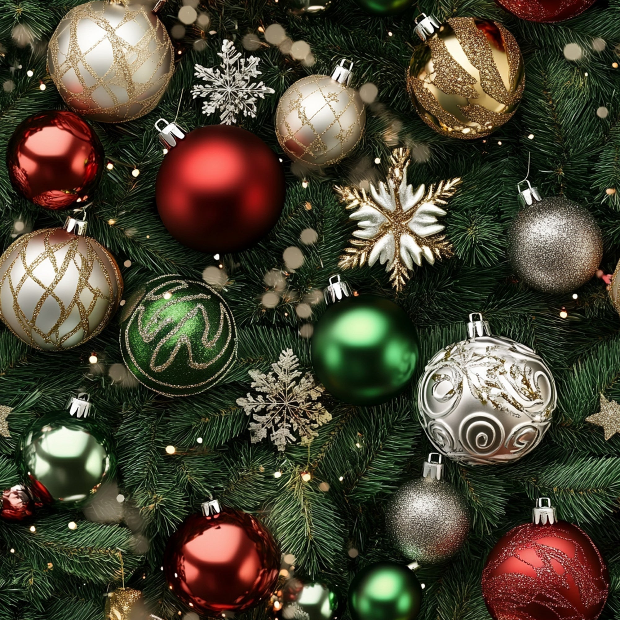 christmas ornaments,, fabric panel, red baubles, gold ornaments, green decorations, silver baubles, snowflakes, evergreen branches, metallic accents, holiday pattern, festive design, realistic style, christmas tree decorations, seasonal fabric, winter theme, ornament collection, holiday crafting, christmas quilting