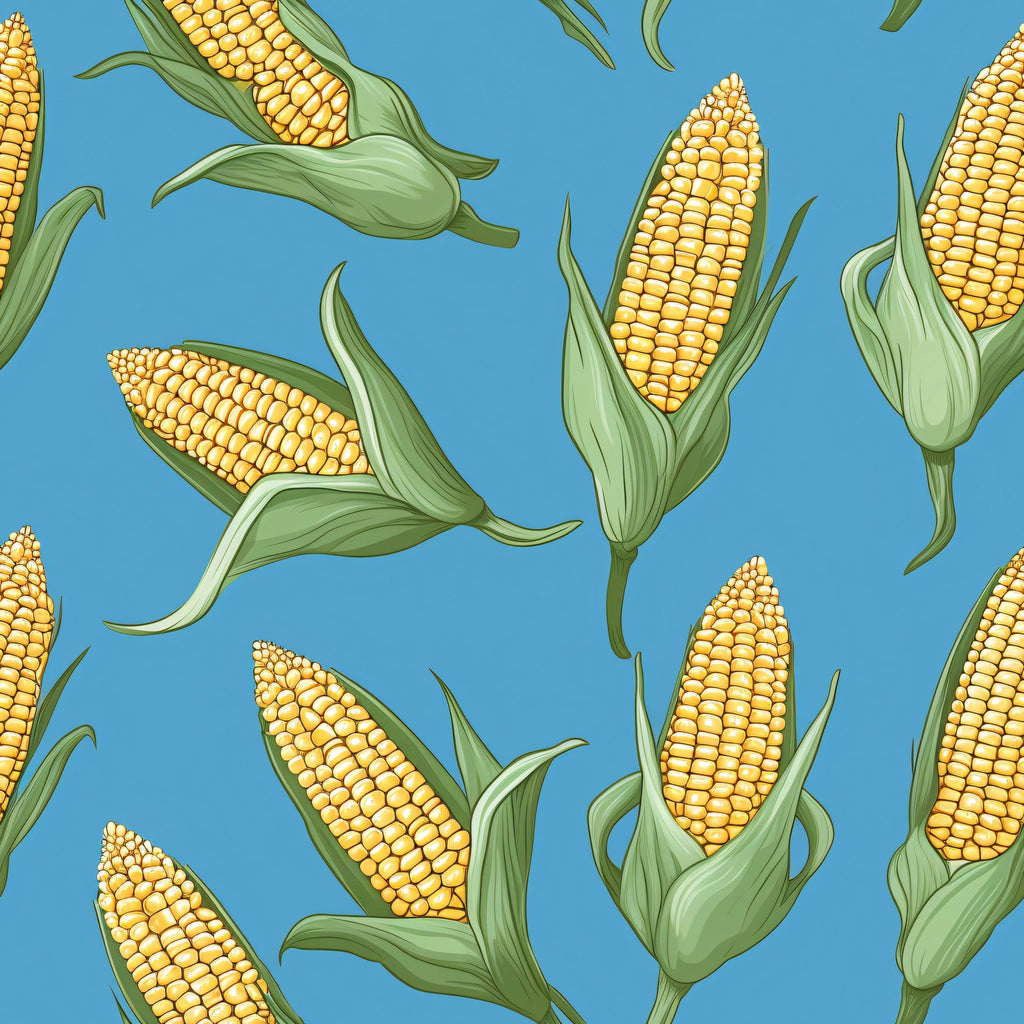sweet corn, corn cobs, yellow kernels, golden yellow, sage green, turquoise blue, sky blue, green husks, corn leaves, vegetable pattern, food motif, farming theme, harvest design, botanical illustration, scattered pattern,, fabric panel, summer produce, agricultural motif, realistic style