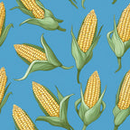 sweet corn, corn cobs, yellow kernels, golden yellow, sage green, turquoise blue, sky blue, green husks, corn leaves, vegetable pattern, food motif, farming theme, harvest design, botanical illustration, scattered pattern,, fabric panel, summer produce, agricultural motif, realistic style