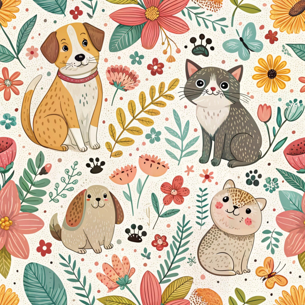 floral pattern, cute animals, dog, cat, rabbit, orange, coral pink, teal green, cream background, paw prints, folk art style, whimsical illustration,, fabric panel, botanical elements, pet themed, children's fabric, spring flowers, cheerful design, pastel colors