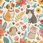 floral pattern, cute animals, dog, cat, rabbit, orange, coral pink, teal green, cream background, paw prints, folk art style, whimsical illustration,, fabric panel, botanical elements, pet themed, children's fabric, spring flowers, cheerful design, pastel colors