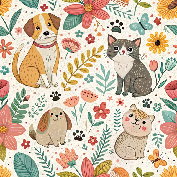 floral pattern, cute animals, dog, cat, rabbit, orange, coral pink, teal green, cream background, paw prints, folk art style, whimsical illustration,, fabric panel, botanical elements, pet themed, children's fabric, spring flowers, cheerful design, pastel colors