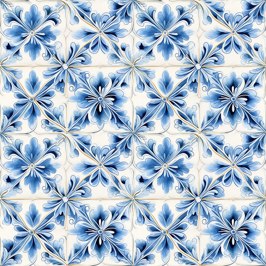 blue, white, cream, handpainted, tiles, floral motifs, decorative flowers, mediterranean style, ceramic inspired, geometric arrangement, ornate design,, fabric panel, portuguese tiles, azulejo style, repeating pattern, artistic brushwork, delicate petals, vintage inspired, crafting material