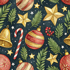 christmas ornaments, gold stars, candy canes, evergreen branches, red berries, navy blue background, gold accents, red and white stripes,, fabric panel, holiday pattern, winter theme, festive design, watercolor style, christmas bells, seamless repeat, decorative baubles, white dots, botanical elements, seasonal motifs