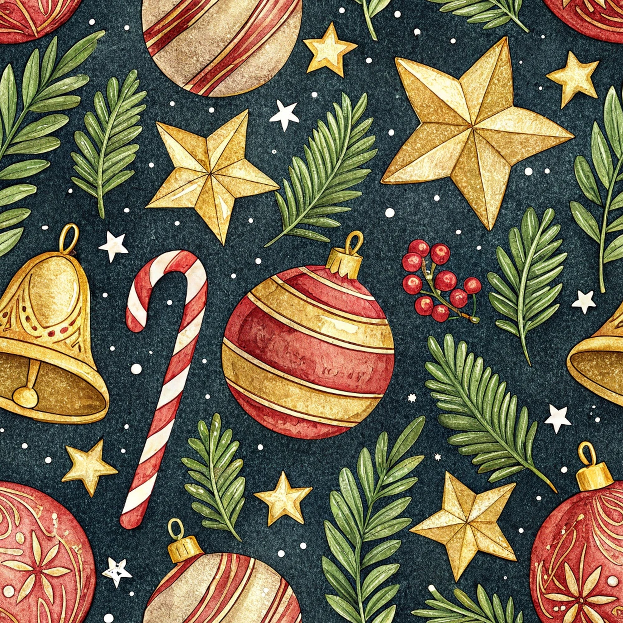 christmas ornaments, gold stars, candy canes, evergreen branches, red berries, navy blue background, gold accents, red and white stripes,, fabric panel, holiday pattern, winter theme, festive design, watercolor style, christmas bells, seamless repeat, decorative baubles, white dots, botanical elements, seasonal motifs