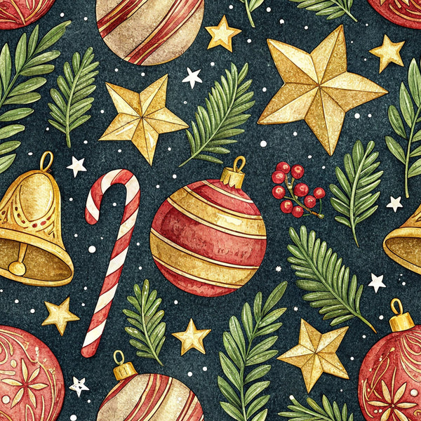 christmas ornaments, gold stars, candy canes, evergreen branches, red berries, navy blue background, gold accents, red and white stripes,, fabric panel, holiday pattern, winter theme, festive design, watercolor style, christmas bells, seamless repeat, decorative baubles, white dots, botanical elements, seasonal motifs