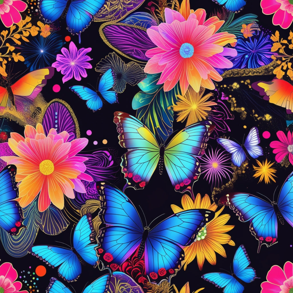 butterflies, tropical flowers, blue morpho, vibrant colors, pink blossoms, orange petals, purple wings, turquoise accents, black background, fantasy art, nature motifs,, fabric panel, floral elements, iridescent wings, bright patterns, colorful design, botanical print, spring theme, whimsical style