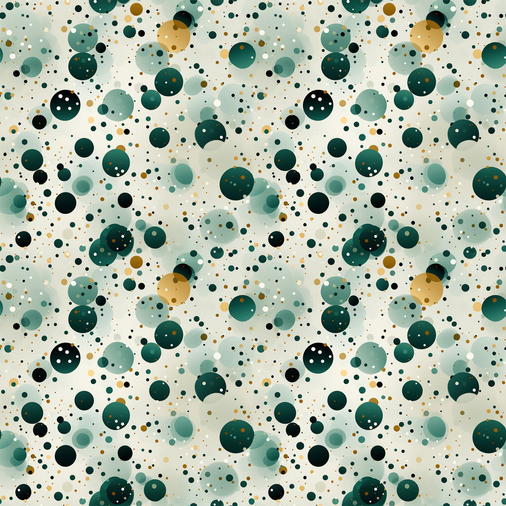 green, teal, sage green, forest green, gold, cream, white, black, confetti pattern, polka dots, circles, scattered dots, geometric design, abstract pattern, modern style, playful mood,, fabric panel, contemporary design, festive pattern, celebration theme