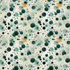 green, teal, sage green, forest green, gold, cream, white, black, confetti pattern, polka dots, circles, scattered dots, geometric design, abstract pattern, modern style, playful mood,, fabric panel, contemporary design, festive pattern, celebration theme