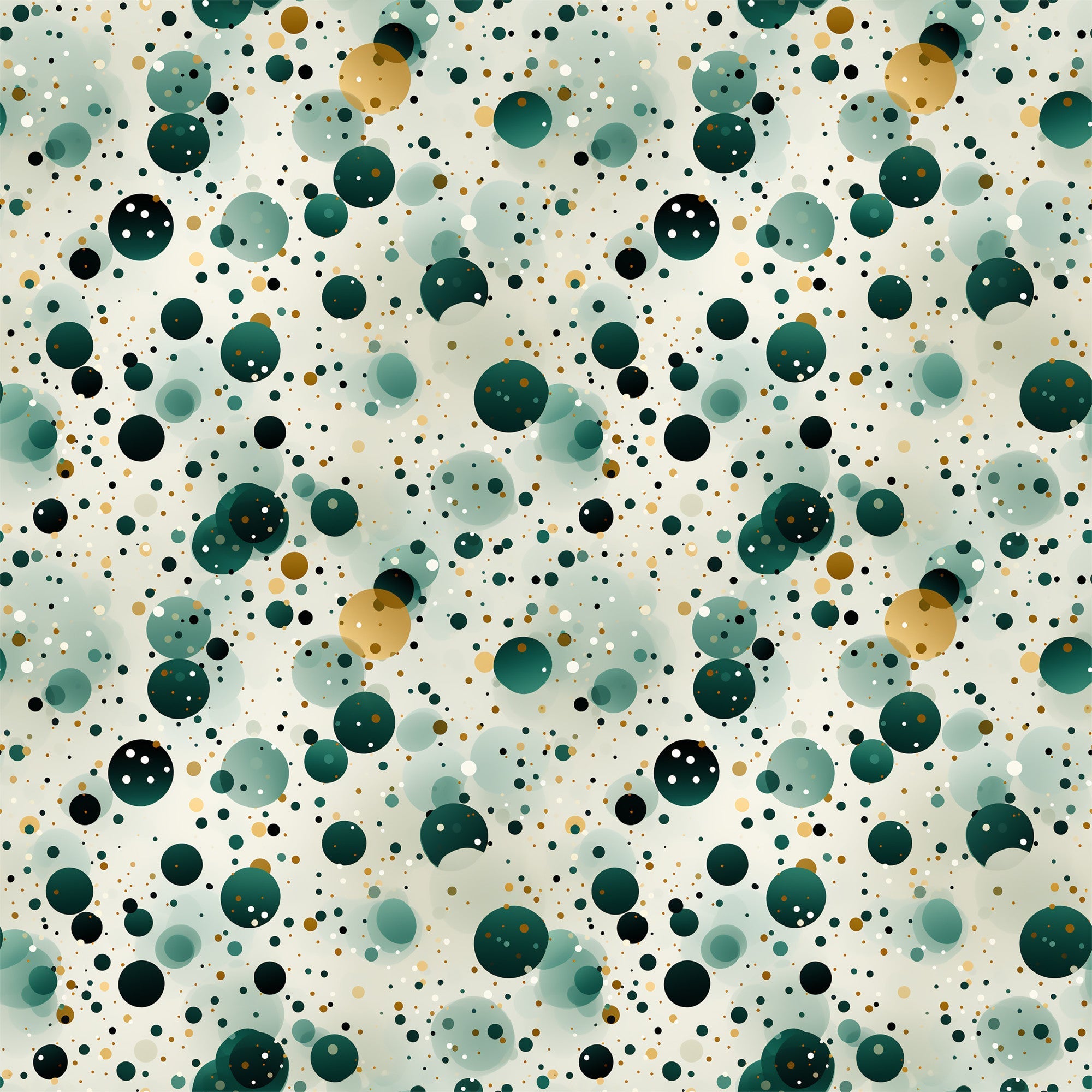 green, teal, sage green, forest green, gold, cream, white, black, confetti pattern, polka dots, circles, scattered dots, geometric design, abstract pattern, modern style, playful mood,, fabric panel, contemporary design, festive pattern, celebration theme