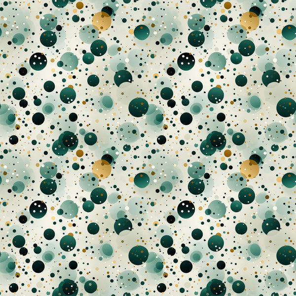 green, teal, sage green, forest green, gold, cream, white, black, confetti pattern, polka dots, circles, scattered dots, geometric design, abstract pattern, modern style, playful mood,, fabric panel, contemporary design, festive pattern, celebration theme