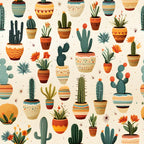 teal, orange, coral, cream, beige, terracotta, cactus, succulents, potted plants, geometric pots, tribal patterns, southwestern, desert theme, retro style, vintage illustrations, botanical,, fabric panel, boho design, mid-century modern
