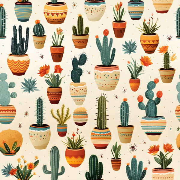 teal, orange, coral, cream, beige, terracotta, cactus, succulents, potted plants, geometric pots, tribal patterns, southwestern, desert theme, retro style, vintage illustrations, botanical,, fabric panel, boho design, mid-century modern