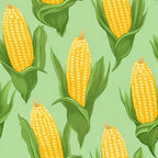 yellow corn, green husks, golden kernels, corn cobs, vegetable pattern, harvest theme, farm produce, botanical design, green leaves, repeating pattern,, fabric panel, agricultural motif, food illustration, summer crops, cornfield design, realistic style, bright colors, garden vegetables, seamless repeat