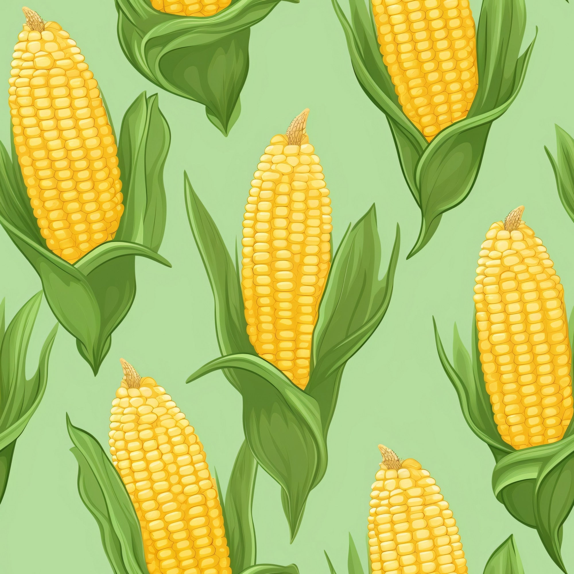 yellow corn, green husks, golden kernels, corn cobs, vegetable pattern, harvest theme, farm produce, botanical design, green leaves, repeating pattern,, fabric panel, agricultural motif, food illustration, summer crops, cornfield design, realistic style, bright colors, garden vegetables, seamless repeat
