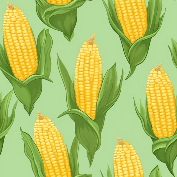 yellow corn, green husks, golden kernels, corn cobs, vegetable pattern, harvest theme, farm produce, botanical design, green leaves, repeating pattern,, fabric panel, agricultural motif, food illustration, summer crops, cornfield design, realistic style, bright colors, garden vegetables, seamless repeat